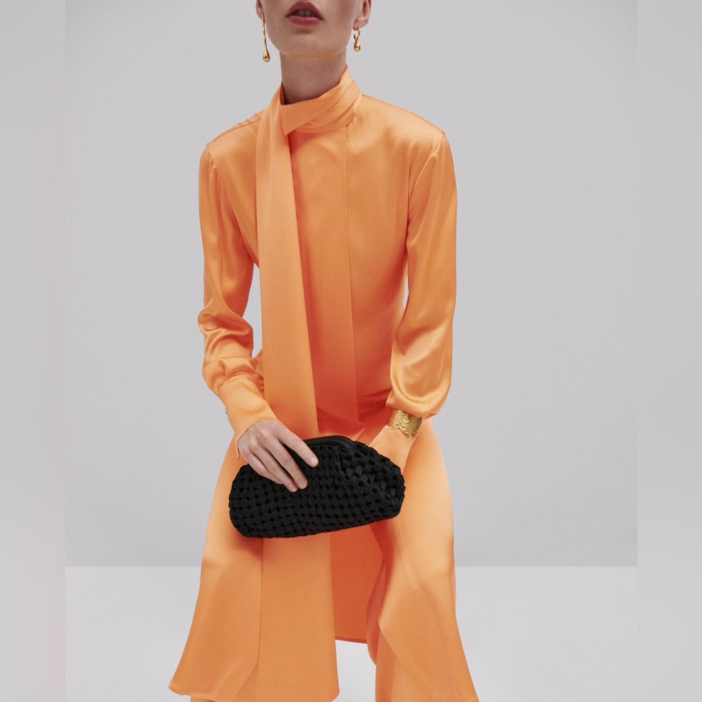Massimo Dutti Studio Satin Orange Maxi Dress Tie Belt Neck M/L Limited Edition